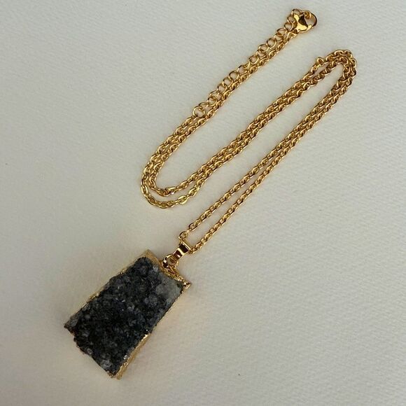 Black Druzy Quartz Pendant Necklace - Rough Crystal Nugget with Gilded Edge - Picture 6 of 7